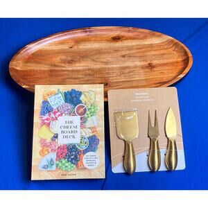World Market Acacia Wood Cheese Board Knives and Styling Book 17"x9" Gift Idea